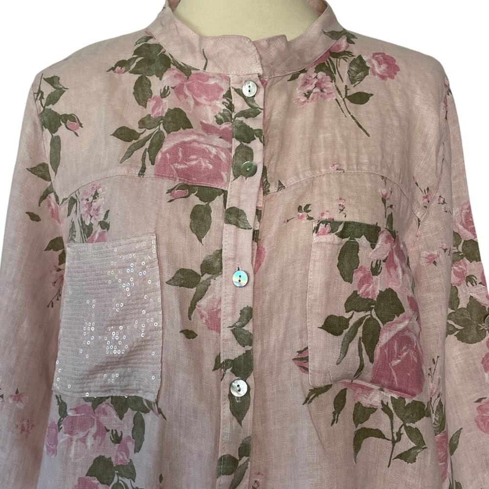 Paris Tempo Linen Blouse Rose Floral Button Down Size Large Sequin Pocket